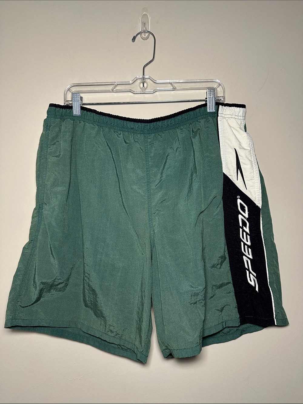 Speedo vintage Men's Forest Green Athletic Swim Shorts with Black & White Panels